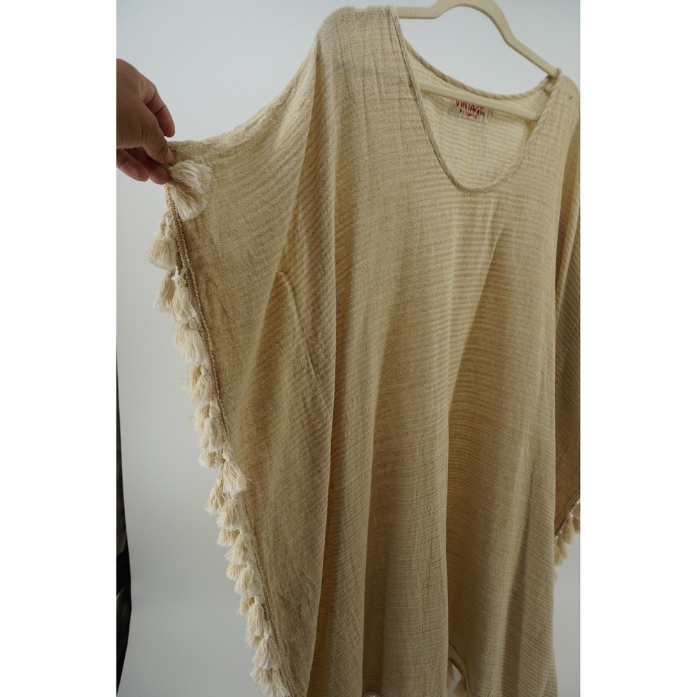 Vintage by Naudic Poncho Cotton Beach Cover up Tassel Trim Coastal Cowgirl Large - Picture 2 of 7
